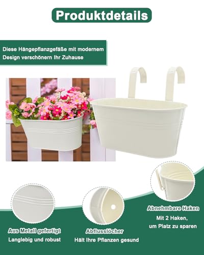 11 Inch Railing Planter Box, 5 Pack Metal Hanging Planters with Hooks - color: White