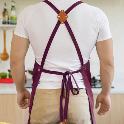 Aoomzoon Canvas Aprons for Men Women, Heavy Duty BBQ Apron with Pockets - color: Red