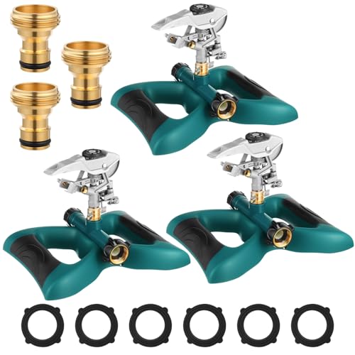 Jingmore Lawn Impact Sprinkler Heavy Duty Rotating Adjustable Pulsating Water Sprinkler Head with Metal Base, Adjustable Spraying Area and Distance for Garden Lawn Yard Irrigation(Blue,3 Packs)