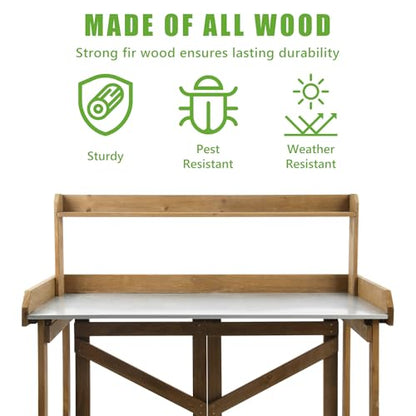 PetsCosset Folding Garden Potting Bench Table，Outdoor Wooden Work Station W/Metal Table Top,2 Tier Open Storage Rack,Top Shelf-Natural Stained