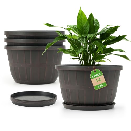 Quarut 4 Pack 14 Inch Large Plastic-Flower-Pots-for-Indoor-Outdoor-Plants - color: Brown, size: 14 inch-4 pack