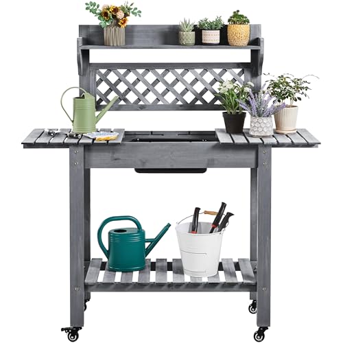 Yaheetech Outdoor Potting Bench with Sink, Garden Table, Lower Shelf,Gray