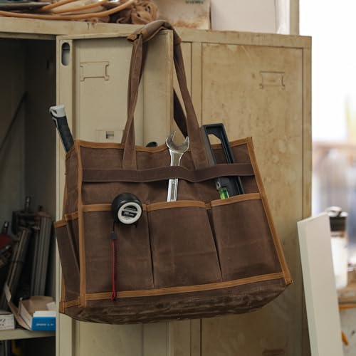 Tool Bag, Heavy Duty 16oz Waxed Canvas Water-Resistant Tool Pouches, Tool Tote with Handle for Tools, Wrenches, Screwdrivers (16.5 X 7 X 12 inch) | Brown - color: Brown