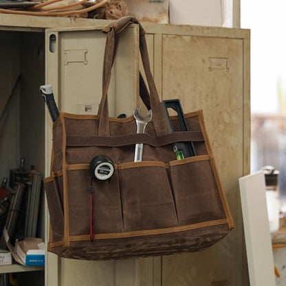 Tool Bag, Heavy Duty 16oz Waxed Canvas Water-Resistant Tool Pouches, Tool Tote with Handle for Tools, Wrenches, Screwdrivers (16.5 X 7 X 12 inch) | Brown - color: Brown