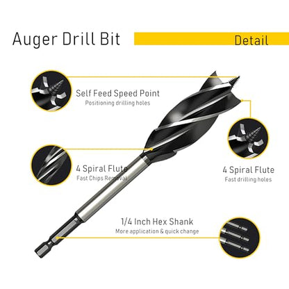 Wood Drill Bit 11/16 in. x 6-1/2 in. x 2Pcs Auger Drill Bits for Wood with 1/4 Inch Quick Change Hex Shank - size: 11/16 Inch