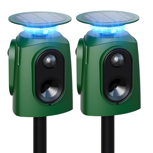 2 Pack 360° Solar Ultrasonic Animal Repeller Outdoor, Deer Repellent Devices with Motion Sensor & Flashing Lights, Waterproof Cat Repellent Outdoor for Yard, Repel Raccoon, Coyote, Skunk & More
