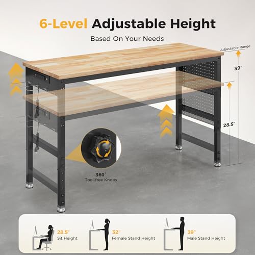CAMMOO 60" Adjustable Workbench, 2000LBS Max Load, Pegboard & Power Strip - size: 60*22 Inch