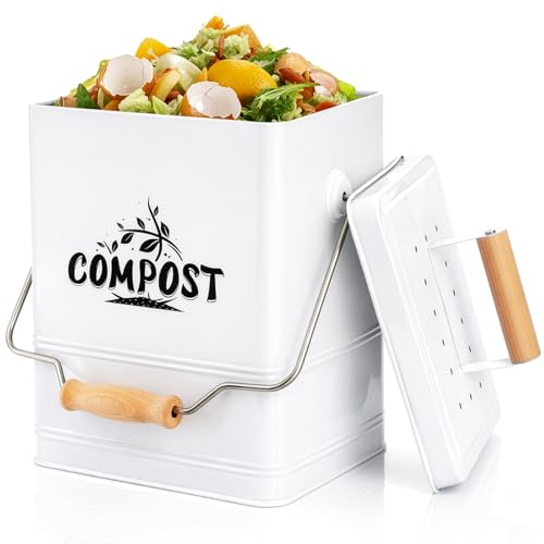 Tlence 1.7 Gallon Kitchen Compost Bin, Small Compost Bucket with Carbon Filter, Indoor Countertop Composter with Lid, Odorless Composting Trash Can for Food Waste Scrap, White
