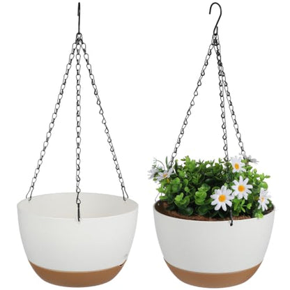 2 Pack Self Watering Hanging Planters: 9.7 Inch Pots with Chain Tray, White - color: White