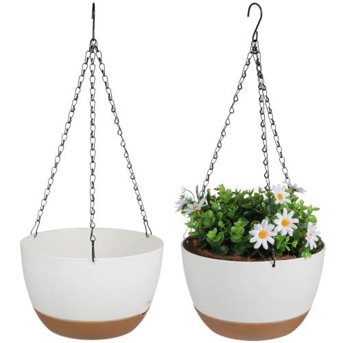 2 Pack Self Watering Hanging Planters: 9.7 Inch Pots with Chain Tray, White - color: White