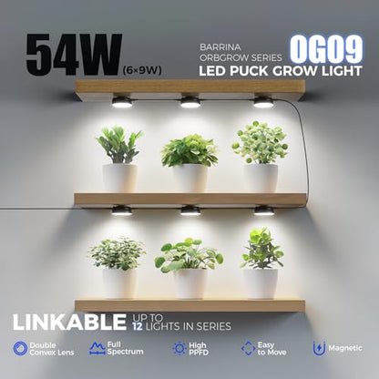 Barrina Orbgrow OG09 Puck Grow Light, 54W(6 x 9W), 5000K, 6 Packs, Black - color: 5000K-Black Cover, size: 6 Packs without Timer