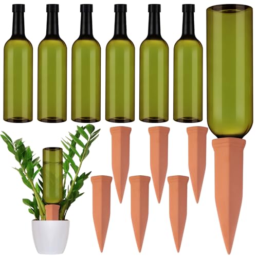 SiliFine 6 Sets Terracotta Watering Spikes,Emerald Green and Terracotta - color: Emerald Green and Terracotta