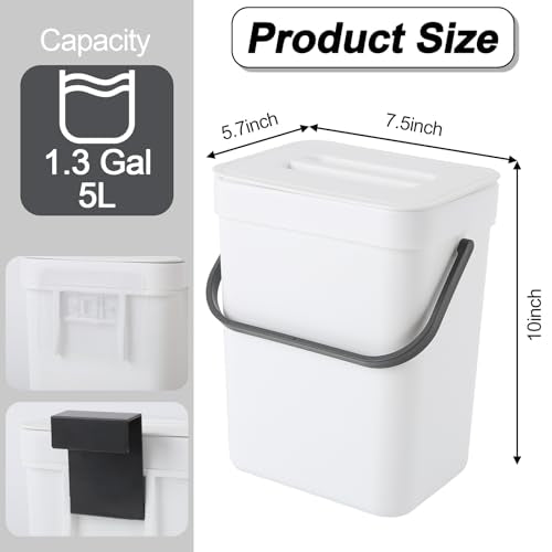 Compost Bin Kitchen, Includes 100 Trash Bags, Hanging Trash Can with Lid, Features Pet-Proof, Odor-Proof, and Quiet Opening/Closing. Suitable for Bathrooms/Bedrooms/Offices (White, 1.3Gal/5L) - color: White