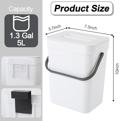 Compost Bin Kitchen, Includes 100 Trash Bags, Hanging Trash Can with Lid, Features Pet-Proof, Odor-Proof, and Quiet Opening/Closing. Suitable for Bathrooms/Bedrooms/Offices (White, 1.3Gal/5L) - color: White