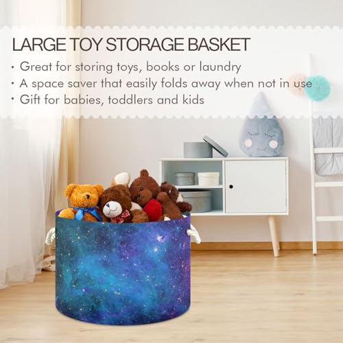 Blue Galaxy Print Round Storage Basket Collapsible with Handle - color: Blue