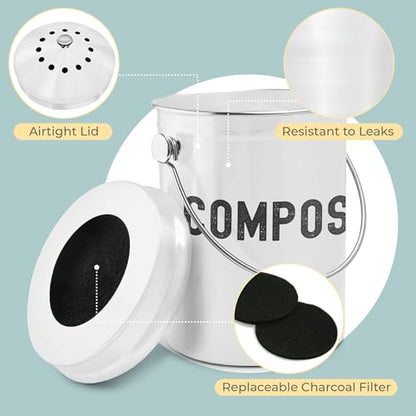 Epica Kitchen Compost Bin for Kitchen Countertops, 1.3 Galllon - White - color: White
