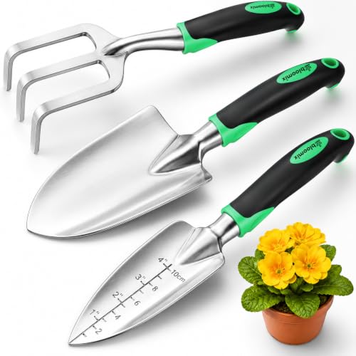 Bloomix Set of 3 Stainless Steel Gardening Tool Set – Hand Cultivator, Transplanter & Trowel with Soft-Grip Ergonomic Handles – Durable Garden Kit for Digging, Planting and Soil Care Green & Silver - color: Green & Silver