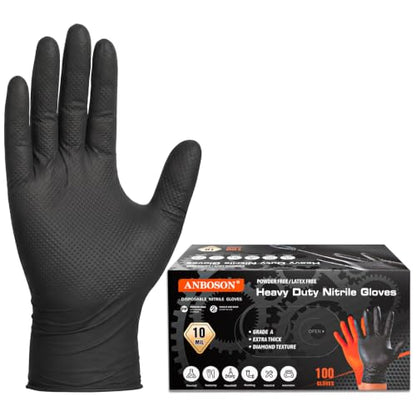 ANBOSON 10 Mil Heavy Duty Diamond Texture Nitrile Gloves, X-Large, 100 Ct - color: Black of 100, size: X-Large