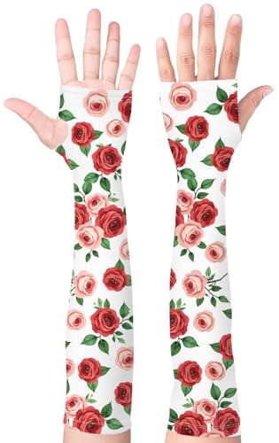 Gardening Sleeves for Women UV Sun Protection with Thumb Hole Anti-Scratch - color: Red Pink Rose