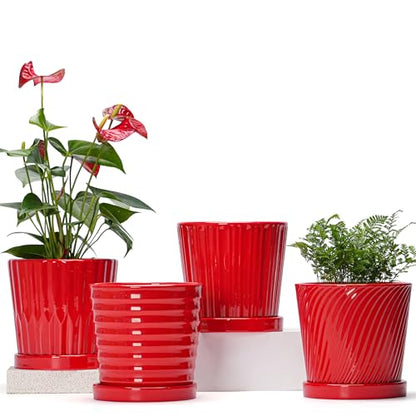 6 Inch Flower Pots for Plants, Ceramic Planter with Drainage and Saucer - color: Red