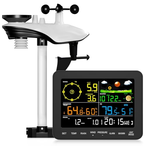 Weather Stations Wireless Indoor Outdoor, Home Weather Station with Rain Gauge, Anemometer, Barometer, Temperature & Humidity Monitor, Moon Phase, Alarm Clock for Garden, Farm（ No WiFi ）