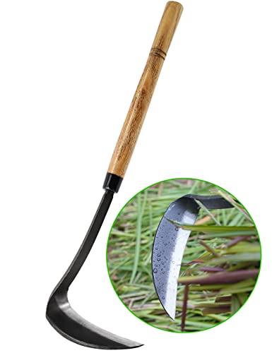 Japanese Weeding Sickle Hoe, 17" Gardening Hand Weeder Nejiri Kama Blade Tool Digging and Cutting Weed Remover, High-Carbon Steel One-Piece Molding with Hard Wood Handle, Very Sharp Edge Quick Work - color: 18 inch Hand Sickle