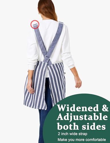 Cozy Adjustable Cross Back Aprons for Women with Pockets Cotton Linen Cooking Kitchen Baking - color: Blue Stripes
