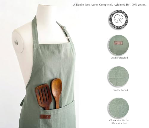 Washed Cotton Kitchen Apron | Adjustable 25x31, Light Green