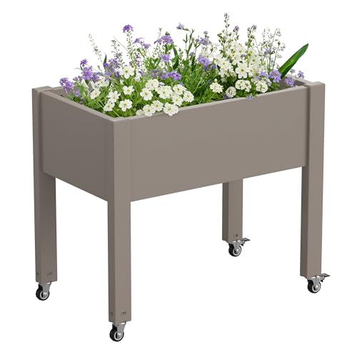 Elevated 26.3" Tall Raised Garden Bed with Wheels - Outdoor Mobile Resin Planter Box with Drainage Holes for Vegetables Flower Herbs, Weather Resistant, Medium Gray (26.3" h) - color: Medium Gray, size: 26.3"h