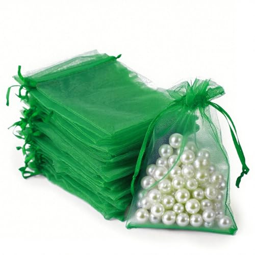 YHJZ 100PCS Dark Green Organza Bags, 4x6 Inch Small Mesh Bags Drawstring, Jewelry Gift Bags for Birthday Party, Treats, Wedding - color: Grass Green