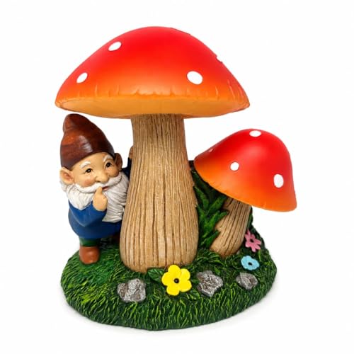 Solar Garden Gnome Statue with Lighted Mushroom, 4.75 Inch Outdoor Solar Gnome Figurine, Resin Garden Decor with Auto On/Off Warm Light for Yard Lawn Patio Porch Flower Bed - color: Mushroom Gnome