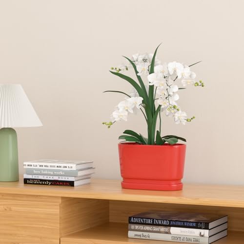 8.9" Rectangular Ceramic Planter with Drainage and Saucer, Red - color: Red, size: Medium