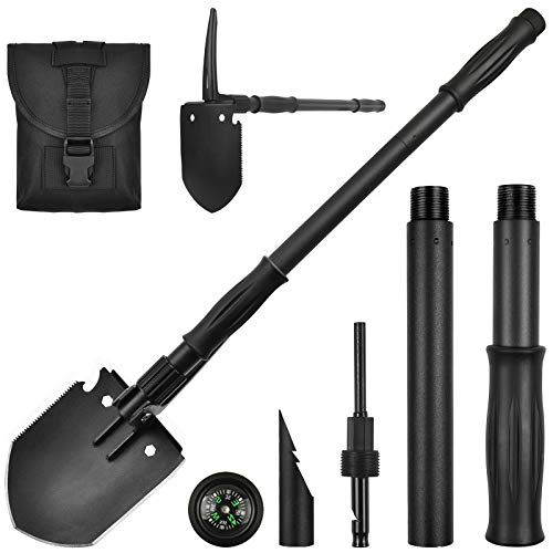 Survival Shovel, (28.3'') Camping Folding Shovel, Military Spade Multitool, Tactical Trench Tool, with Pickaxe, Compass, Whistle, Molle Bag for Digging, Metal-Detecting, Off Roading, Emergency - size: 28.3''