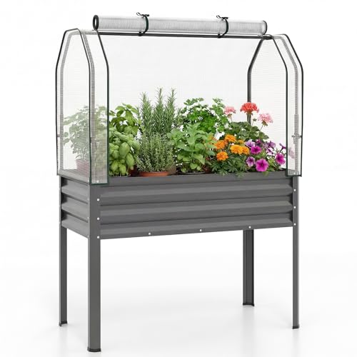 Giantex Raised Garden Bed with Legs & Greenhouse Cover, 44x20x60 Elevated Metal Planter Box with Roll-up Door, Outdoor Mini Greenhouse for Vegetable Flower Herb Patio Balcony (Gray,1) - color: Gray