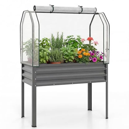 Giantex Raised Garden Bed with Legs & Greenhouse Cover, 44x20x60 Elevated Metal Planter Box with Roll-up Door, Outdoor Mini Greenhouse for Vegetable Flower Herb Patio Balcony (Gray,1) - color: Gray
