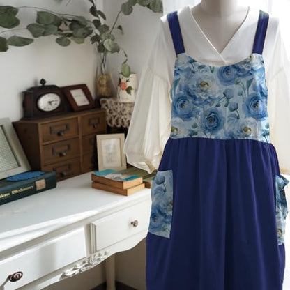 Cotton Linen Apron Cross Back Apron for Women with Pockets Pinafore Dress - color: Flora Navy Blue
