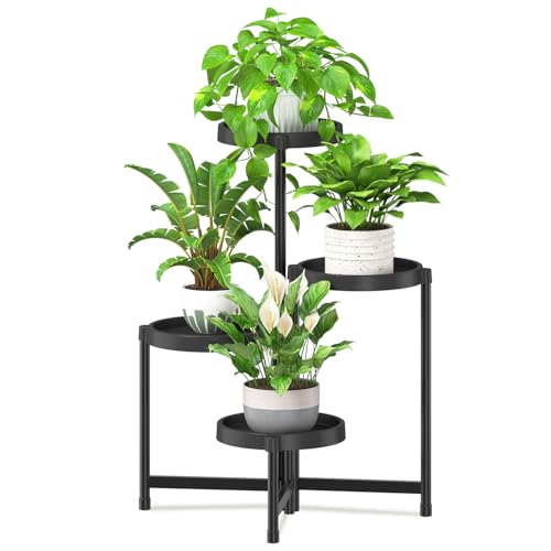 iDavosic.ly 4 Tier Folding Plant Stand Indoor Outdoor, Plastic Tray, Black - color: Black, size: 4 Tiers
