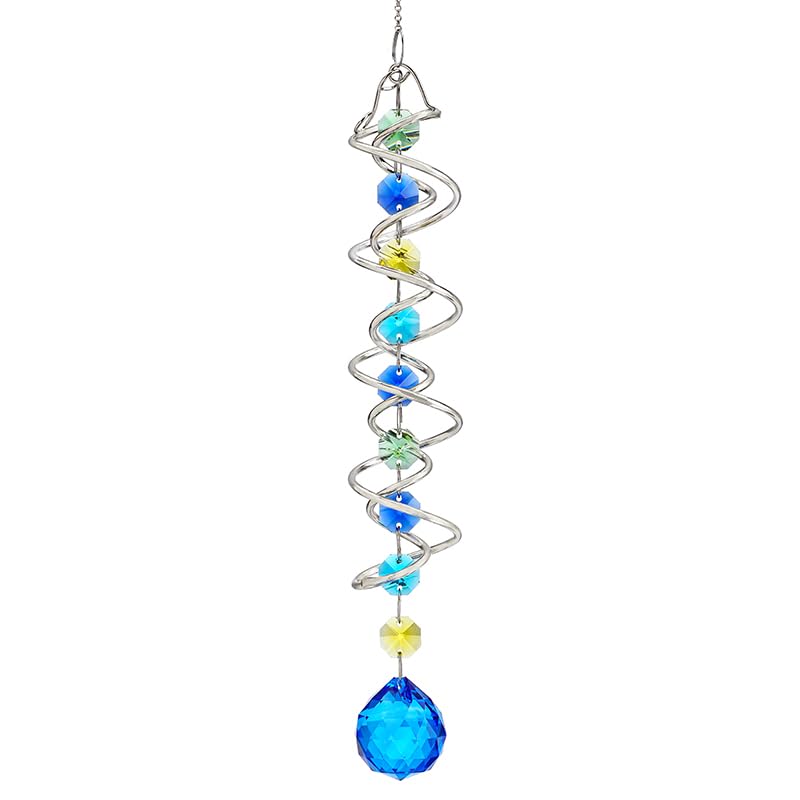 20.5in Sea Blue Crystal Gazing Ball Spiral Wind Spinner Suncatcher - color: Silver With Blue Ball Drop Prism