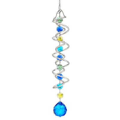20.5in Sea Blue Crystal Gazing Ball Spiral Wind Spinner Suncatcher - color: Silver With Blue Ball Drop Prism