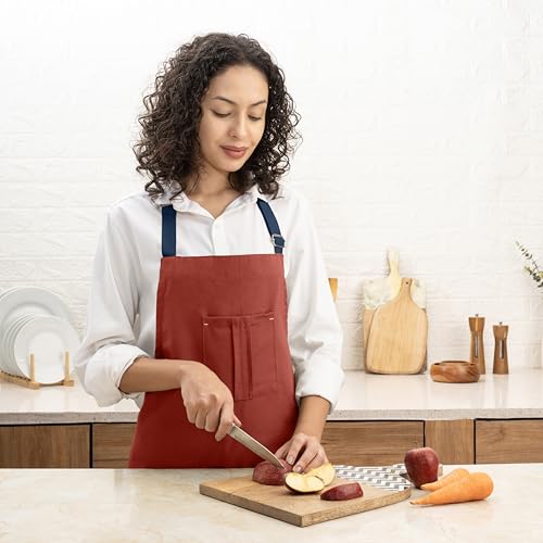 Cotton Canvas Apron for Women & Men – Adjustable Neck Strap & Waist Ties with Pockets - color: Rust