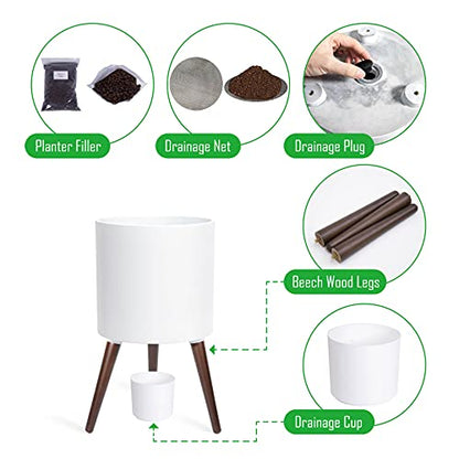 D'vine Dev 12 Inch Planter Pot with Wood Stand, White, 88-O-C-1 - color: Matte White, size: Large