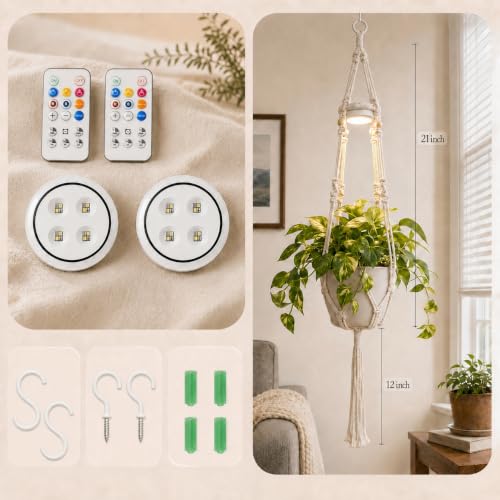 Rechargeable Hanging Plant Grow Lights for Indoor with Timer, Wireless Battery Powered Full Spectrum Growing Light with Macrame Plant Hanger, Wall/Ceiling Mounted Planta Luz for Home Decor（2 Pack）