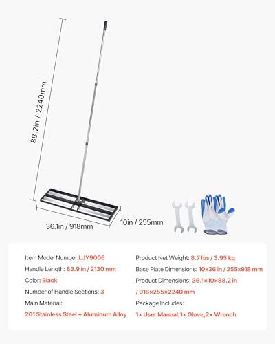 VEVOR Updated Lawn Leveling Rake with Roller, 36" x 10" Stainless Steel Lawn Leveler with 83.9" Adjustable Handle, Heavy Duty Yard Leveling Rake, Effort Saving Lawn Leveling Tool for Yard Golf Court - size: 36x10x84in (with Roller)