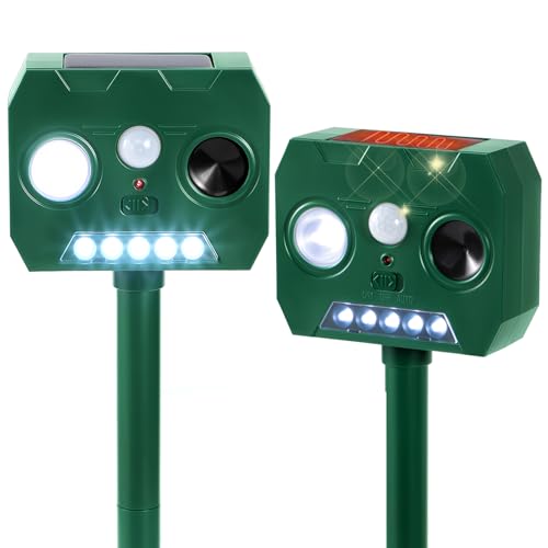 Solar Ultrasonic Animal Repellent Outdoor, 2 Pack Cat Squirrel Raccoon Bird Dog Deer Repellent Devices with PIR Motion Sensor ＆ LED Flash, Waterproof Animal Deterrent for Garden Yard Farm