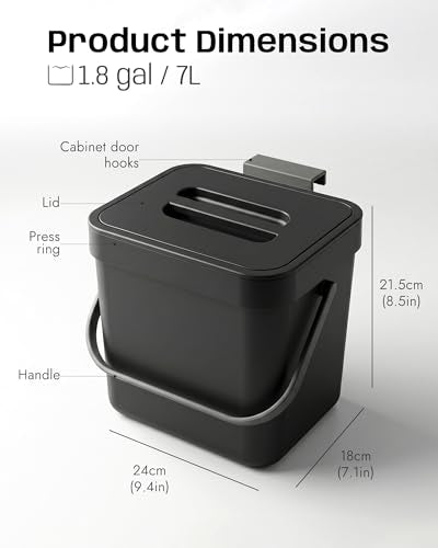 1.8 Gal Countertop Compost Bin, Hanging Trash Can 7L/Black - color: BLACK, size: 7 L / 1.8 Gal - Lid