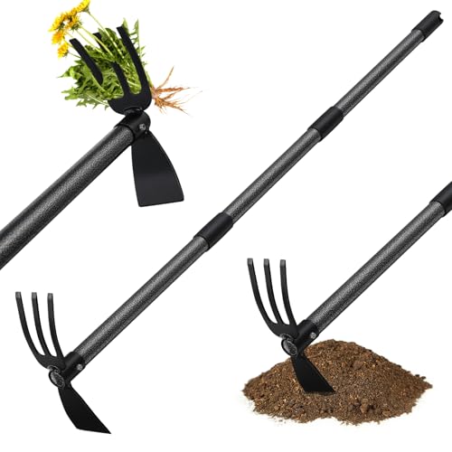 Lilyvane Hoe Garden Tool,45 Inch Long Garden Hoe and Cultivator, Garden Hand Tiller with Long Handle,Heavy Duty Garden Tools Hoe Cultivator for Gardening,Weeding, Tilling,Lossening Soil,Planting