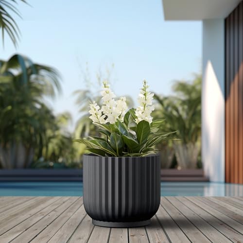 Kante Large Round Pedestal Black Concrete Planter 16.7" Dia, Outdoor - color: Black, size: 16.7"w x 14.6"h