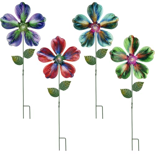 Metal Flowers Garden Stakes Outdoor Decor, 17 inch Shaking Flower Garden Yard Art, Weather Proof Flower Stakes for Yard Lawn Porch Pathway Patio Plant Pot Decorations - color: 4p-d