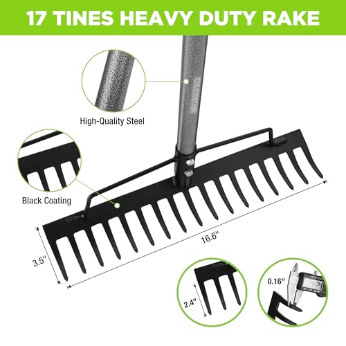 WORKPRO 65 Inch Bow Rake, 17-Tine Metal Head Rake with Adjustable Handle