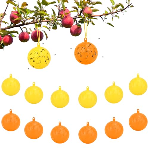 Fruit Fly Traps for Indoors, 12pcs Fly Ball Hanging Yellow Sticky Bug Ball - color: Orange